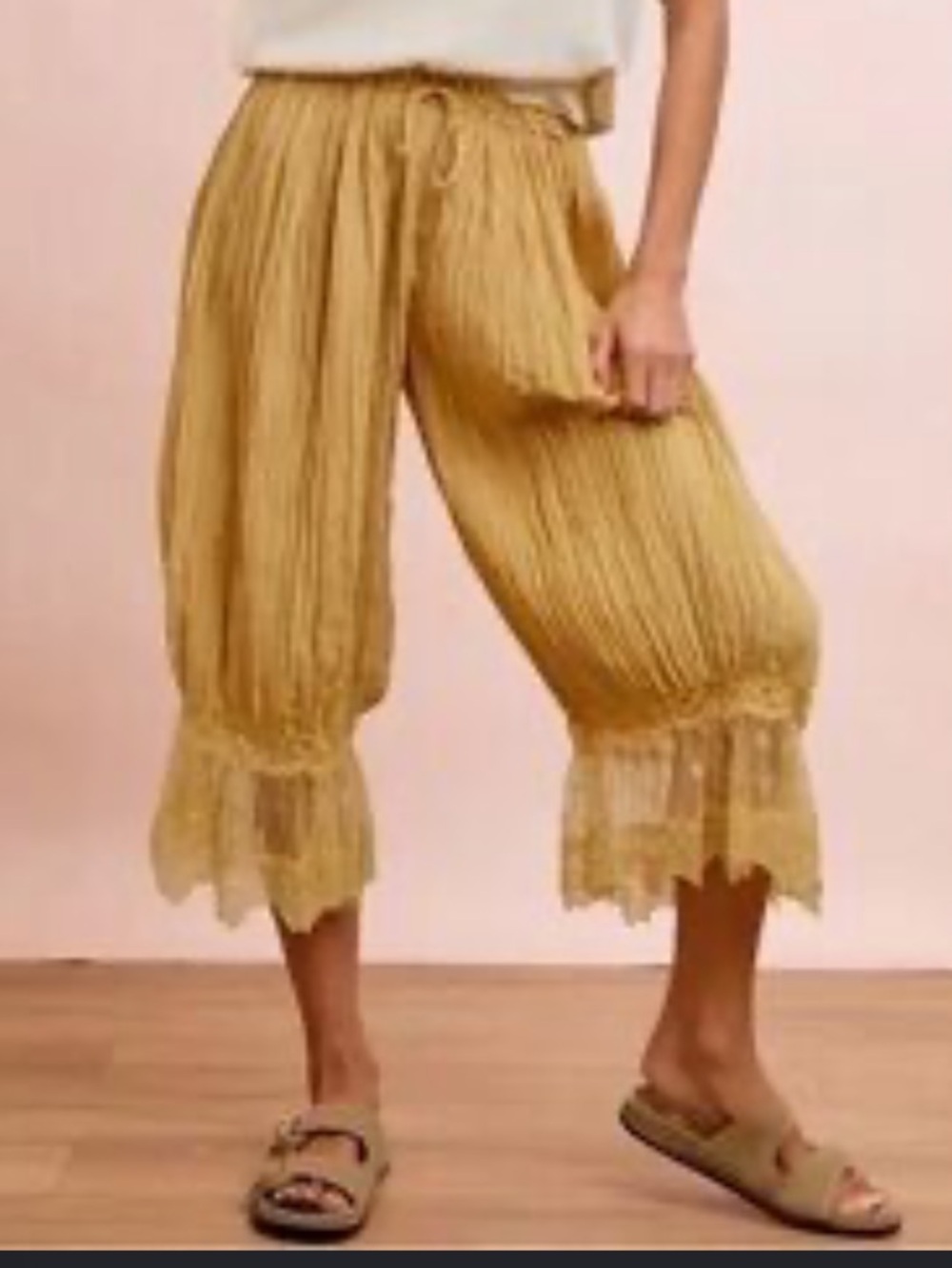 Lightweight Mustard Tiered Lace Bloomers Pants